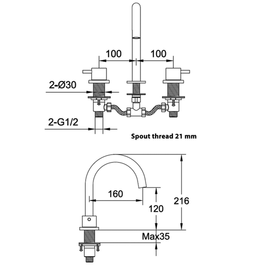 JTP Vos 3-Hole Deck Mounted Basin Mixer Tap - Designer Handle - Brushed Brass - Envy Bathrooms Ltd