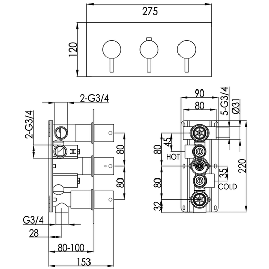 JTP Vos 3-Outlet Triple Handle Horizontal Thermostatic Concealed Shower Valve - Brushed Black - Envy Bathrooms Ltd