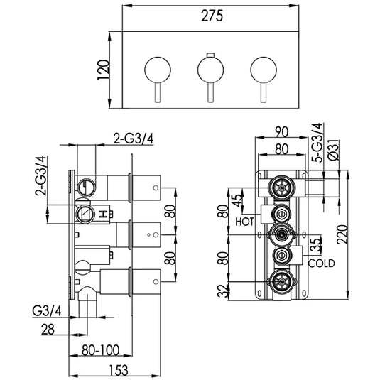 JTP Vos 3-Outlet Triple Handle Horizontal Thermostatic Concealed Shower Valve - Brushed Bronze - Envy Bathrooms Ltd