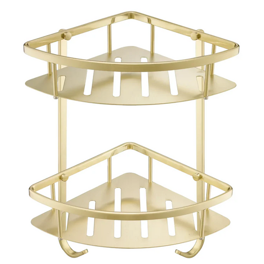 Brushed brass corner twin basket shower shelf with two tiers and hooks for bathroom storage