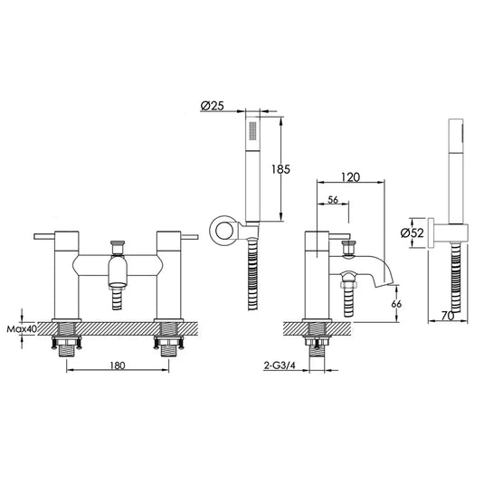 JTP Vos Deck Mounted Bath Shower Mixer Tap with Shower Kit - Brushed Brass - Envy Bathrooms Ltd