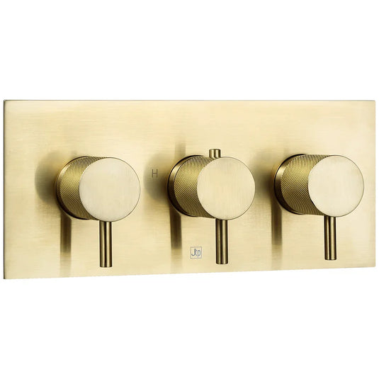 JTP Vos Horizontal Thermostatic 3-Outlets Concealed Shower Valve - Triple Designer Handle - Brushed Brass - Envy Bathrooms Ltd