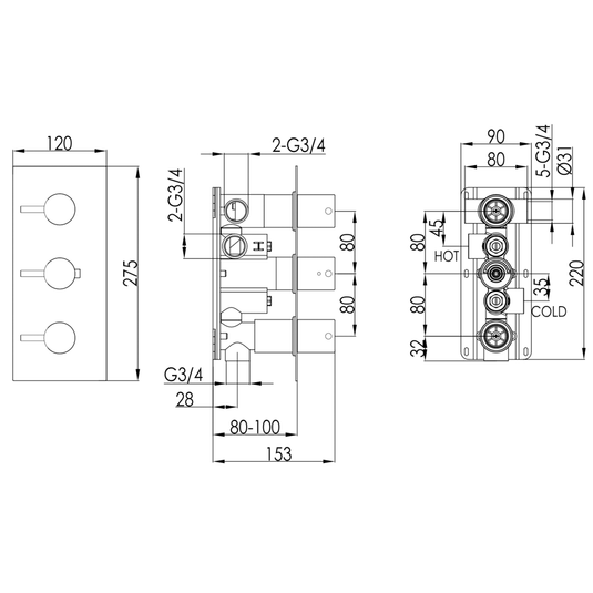 JTP Vos Horizontal Thermostatic 3-Outlets Concealed Shower Valve - Triple Designer Handle - Matt Black - Envy Bathrooms Ltd