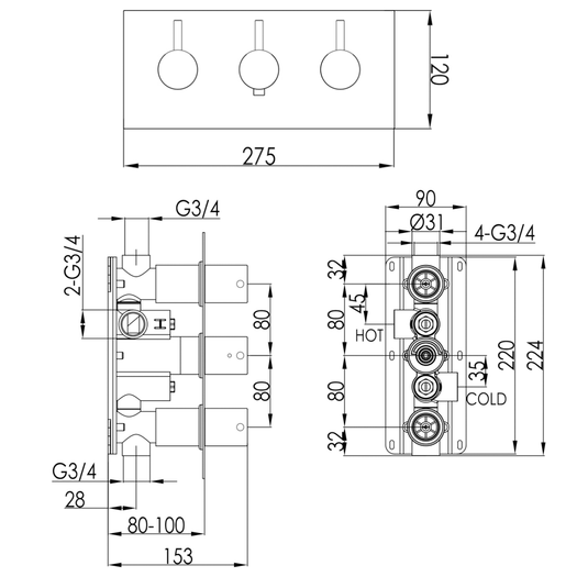 JTP Vos Horizontal Thermostatic Concealed 2 Outlets Shower Valve - Matt Black - Envy Bathrooms Ltd