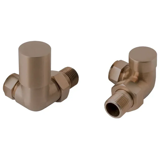 Pair of bronze radiator corner valves with modern, angled design for bathroom heating installation