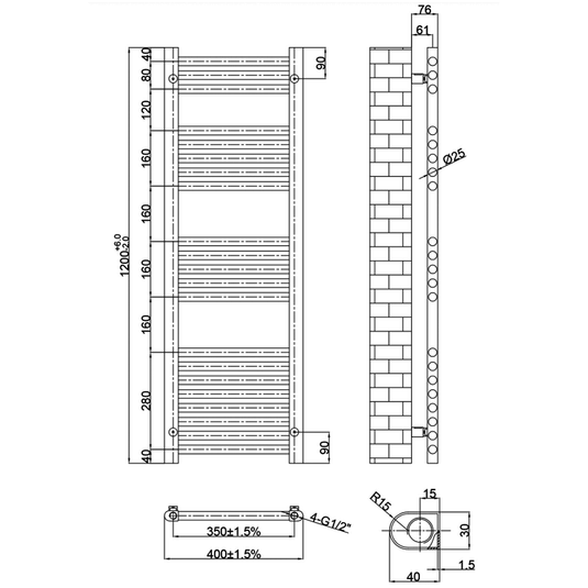 JTP Vos Straight Heated Towel Rail 1200mm H x 400mm W - Matt Black - Envy Bathrooms Ltd