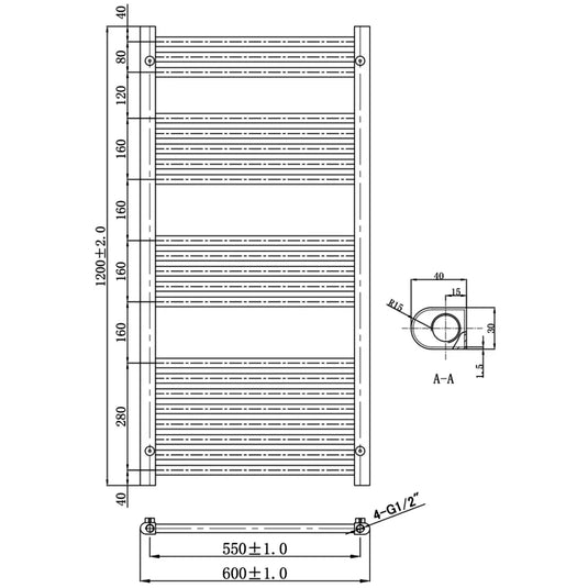 JTP Vos Straight Heated Towel Rail 1200mm H x 600mm W - Matt Black - Envy Bathrooms Ltd