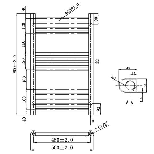 JTP Vos Straight Heated Towel Rail 800mm H x 500mm W - Brushed Black - Envy Bathrooms Ltd