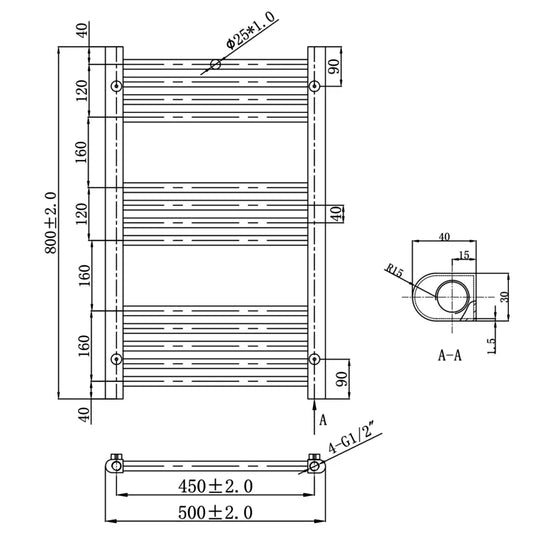 JTP Vos Straight Heated Towel Rail 800mm H x 500mm W - Brushed Black - Envy Bathrooms Ltd