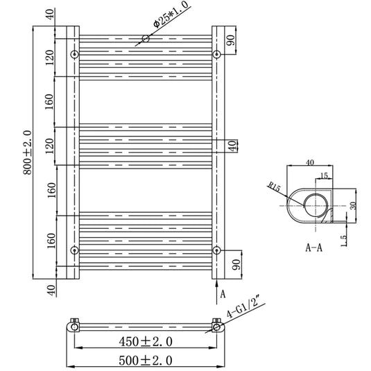 JTP Vos Straight Heated Towel Rail 800mm H x 500mm W - Brushed Brass - Envy Bathrooms Ltd