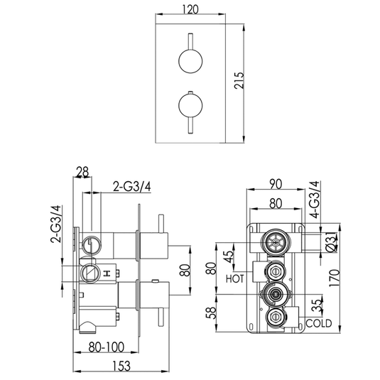 JTP Vos Thermostatic Concealed 2 Outlets Shower Valve - Brushed Brass - Envy Bathrooms Ltd