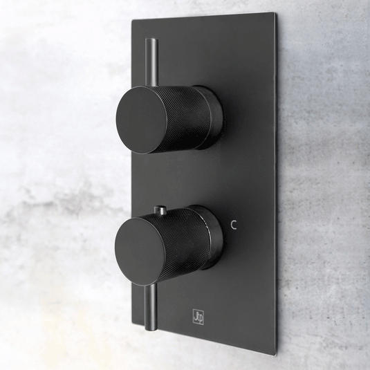 JTP Vos Vertical Thermostatic 1-Outlet Concealed Shower Valve - Double Designer Handle - Matt Black - Envy Bathrooms Ltd