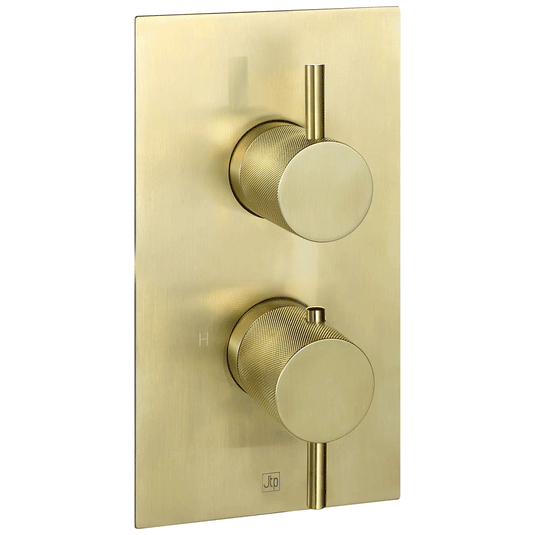 JTP Vos Vertical Thermostatic 2-Outlets Concealed Shower Valve - Double Designer Handle - Brushed Brass - Envy Bathrooms Ltd