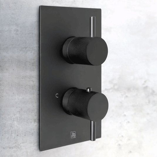 JTP Vos Vertical Thermostatic 2-Outlets Concealed Shower Valve - Double Designer Handle - Matt Black - Envy Bathrooms Ltd