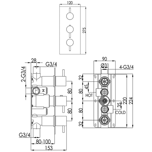 JTP Vos Vertical Thermostatic 2-Outlets Concealed Shower Valve - Triple Designer Handle - Brushed Brass - Envy Bathrooms Ltd