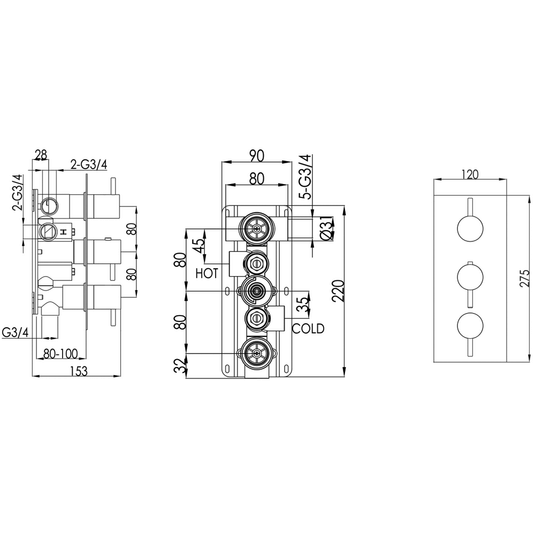 JTP Vos Vertical Thermostatic 3-Outlets Concealed Shower Valve - Triple Designer Handle - Brushed Brass - Envy Bathrooms Ltd