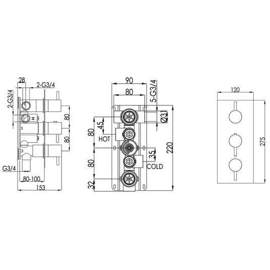 JTP Vos Vertical Thermostatic 3-Outlets Concealed Shower Valve - Triple Designer Handle - Matt Black - Envy Bathrooms Ltd