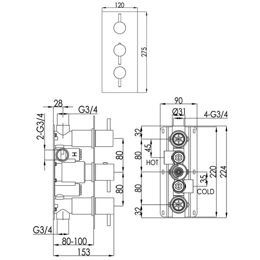 JTP Vos Vertical Thermostatic Concealed 2 Outlets Shower Valve - Matt Black - Envy Bathrooms Ltd