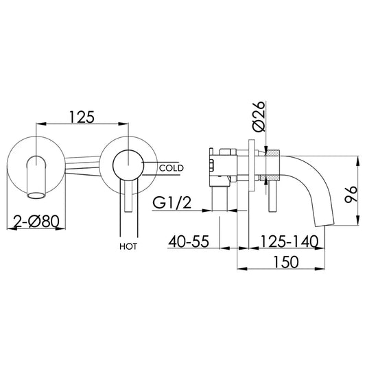 JTP Vos Wall Mounted Designer Handle Basin Mixer Tap 150mm Spout - Brushed Brass - Envy Bathrooms Ltd