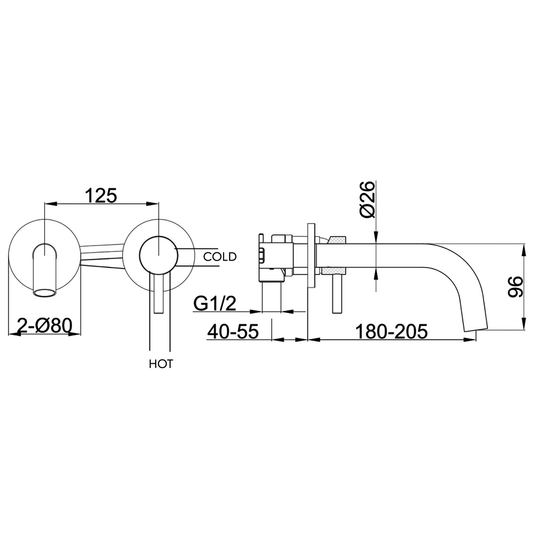 JTP Vos Wall Mounted Designer Handle Basin Mixer Tap 200mm Spout - Matt Black - Envy Bathrooms Ltd