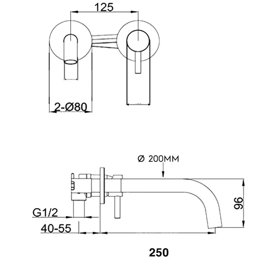 JTP Vos Wall Mounted Single Lever Basin Mixer Tap with Slim Spout 250mm - Matt Black - Envy Bathrooms Ltd