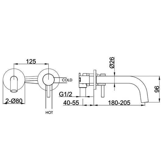 JTP Vos Wall Mounted Single Lever Basin Mixer Tap with Spout 200mm - Brushed Black - Envy Bathrooms Ltd