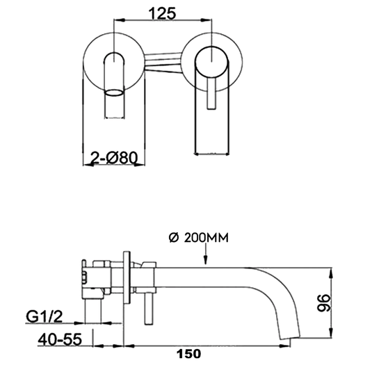 JTP Vos Wall Mounted Single Lever Designer Handle Basin Mixer Tap with Slim Spout 150mm - Matt Black - Envy Bathrooms Ltd