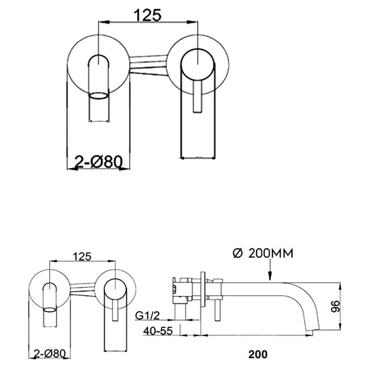 JTP Vos Wall Mounted Single Lever Designer Handle Basin Mixer Tap with Slim Spout 200mm - Matt Black - Envy Bathrooms Ltd