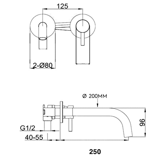 JTP Vos Wall Mounted Single Lever Designer Handle Basin Mixer Tap with Slim Spout 250mm - Brushed Brass - Envy Bathrooms Ltd