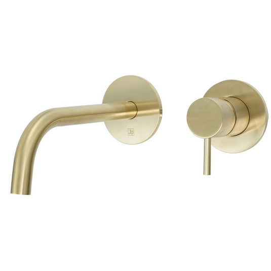 JTP Vos Wall Mounted Single Lever Designer Handle Basin Mixer Tap with Slim Spout 250mm - Brushed Brass - Envy Bathrooms Ltd