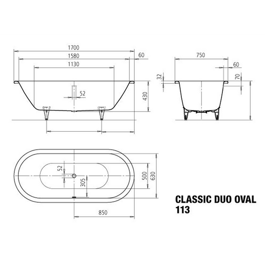 Kaldewei Classic Duo Oval 1700x750mm Double Ended Bath 0TH Alpine White | 291400010001