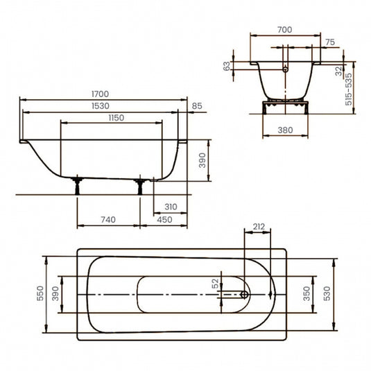Kaldewei Eurowa 1700x700mm Enamel Single Ended Bath 2TH | 119820000001