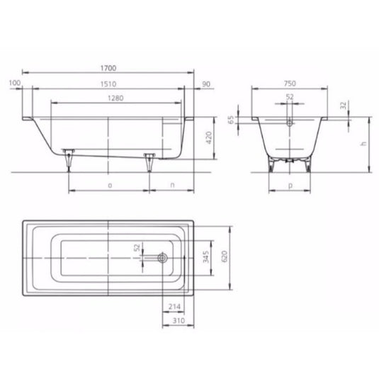 Kaldewei Puro 652 1700x750mm Single Ended Bath 0TH | 256200010001