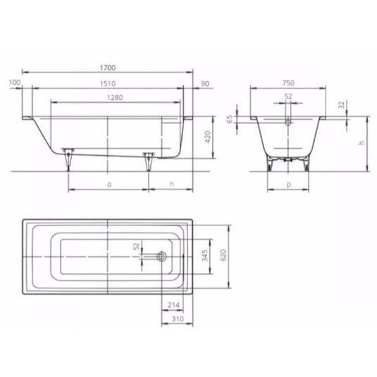 Kaldewei Puro 652 1700x750mm Single Ended Bath 2TH | 256220000001