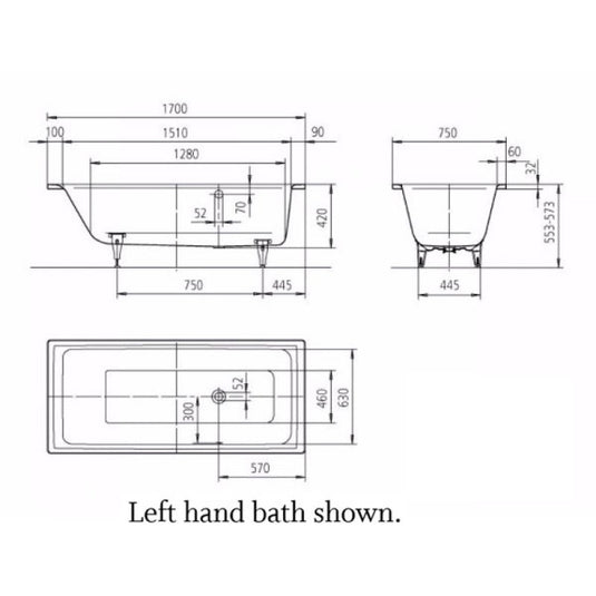 Kaldewei Puro 656 1700x750mm Single Ended Bath Right Overflow 0TH | 256600010001