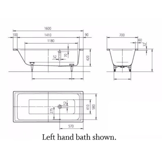 Kaldewei Puro 684 1600x700mm Single Ended Bath Right Overflow 0TH | 258400010001