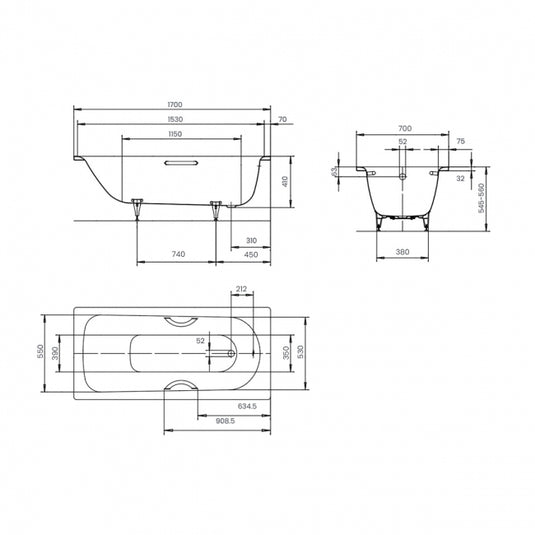 Kaldewei Saniform+ 363-1 1700x700mm Single Ended Bath 0TH | 111800010001