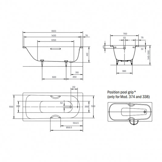 Kaldewei Saniform Plus 1600x700mm Single Ended Bath 2TH Anti-Slip Grip Holes | 111727000001
