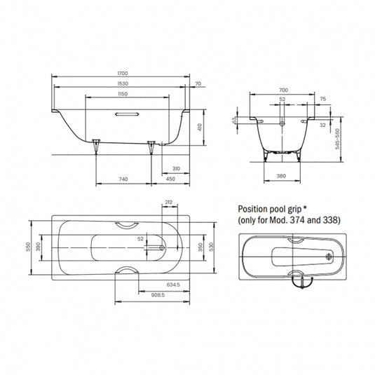 Kaldewei Saniform Plus 1700x700mm Single Ended Bath 2TH Anti-Slip Grip Holes | 111827000001