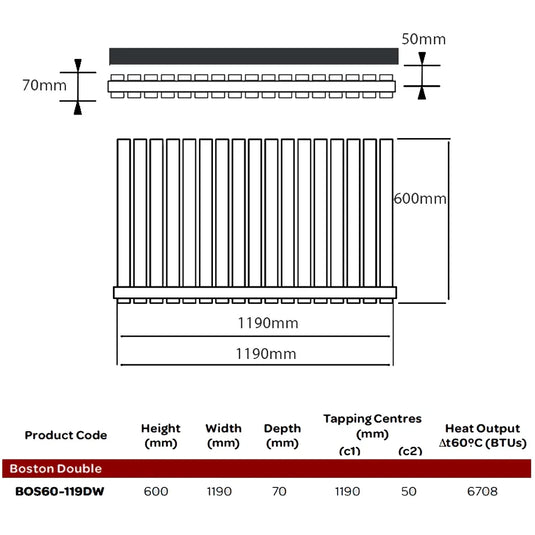 Kartell Boston Double Designer Horizontal Radiator 600mm H x 1190mm W - White - Envy Bathrooms Ltd