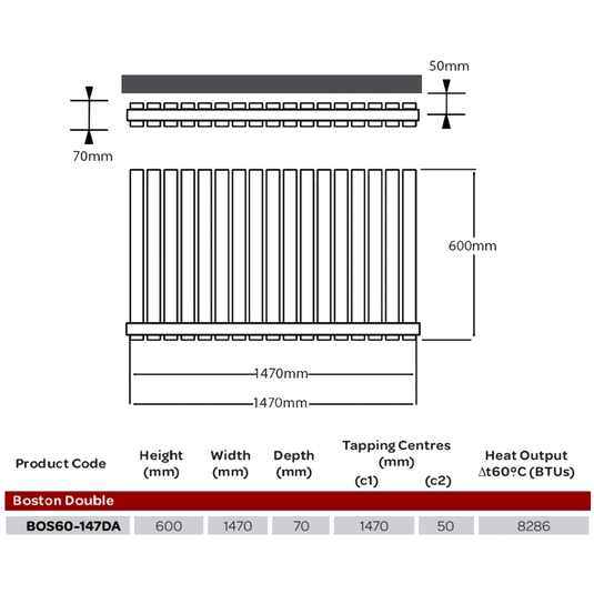 Kartell Boston Double Designer Horizontal Radiator 600mm H x 1470mm W - Anthracite - Envy Bathrooms Ltd