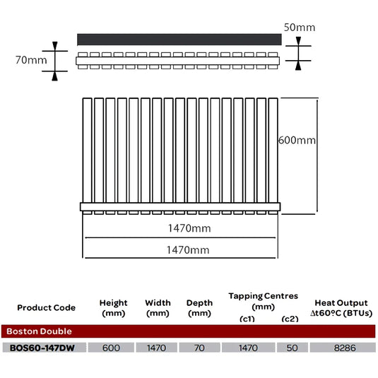 Kartell Boston Double Designer Horizontal Radiator 600mm H x 1470mm W - White - Envy Bathrooms Ltd
