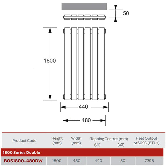 Kartell Boston Double Vertical Designer Radiator 1800mm H x 480mm W - Matt White - Envy Bathrooms Ltd