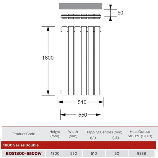Kartell Boston Double Vertical Designer Radiator 1800mm H x 550mm W - Matt White - Envy Bathrooms Ltd
