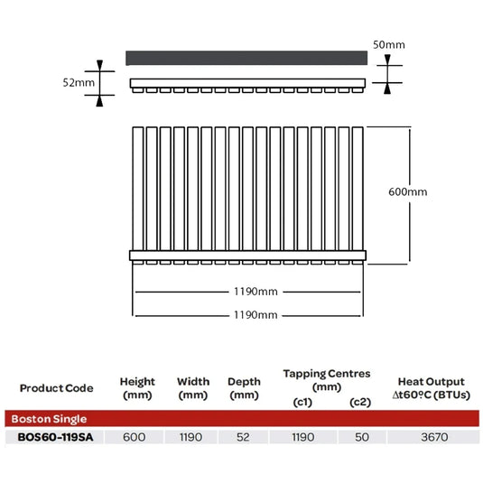Kartell Boston Single Designer Horizontal Radiator 600mm H x 1190mm W - Anthracite - Envy Bathrooms Ltd