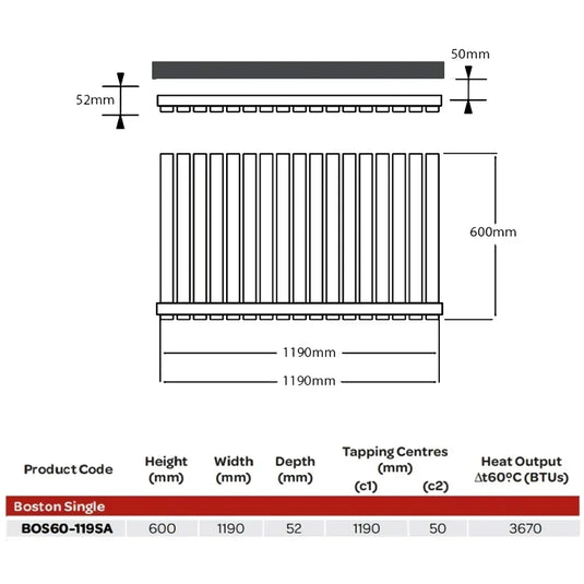 Kartell Boston Single Designer Horizontal Radiator 600mm H x 1190mm W - Anthracite - Envy Bathrooms Ltd