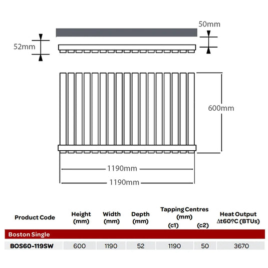 Kartell Boston Single Designer Horizontal Radiator 600mm H x 1190mm W - White - Envy Bathrooms Ltd