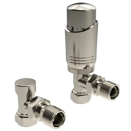 Kartell K-Design Thermostatic Angled Radiator Valves Pair - Brushed Nickel - Envy Bathrooms Ltd