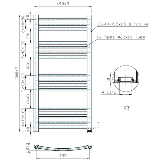 Kartell K-Rad Thermostatic Electric Curved Heated Towel Rail 1000mm H x 500mm W - Chrome - Envy Bathrooms Ltd