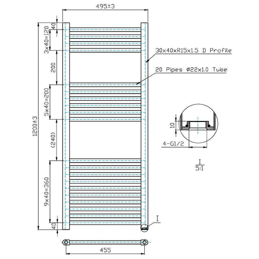 Kartell K-Rad Thermostatic Electric Straight Heated Towel Rail 1200mm H x 500mm W - Chrome - Envy Bathrooms Ltd